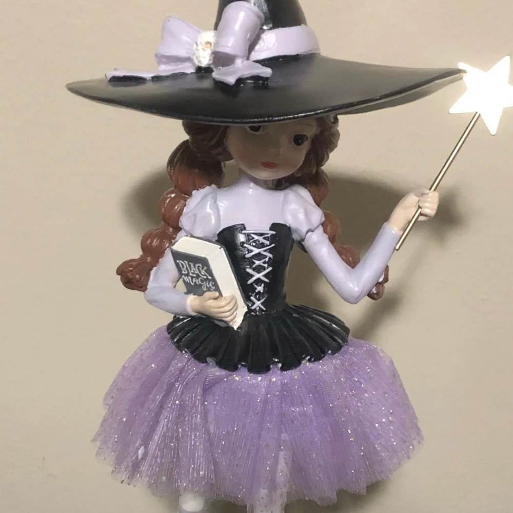 Whimsical Witch Figurine with Black Cat Wand Black Magic Book Halloween 15 Inch
